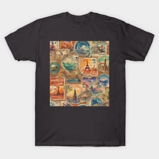 Wanderlust Chronicles: Vintage-Style Travel Stamps T-Shirt